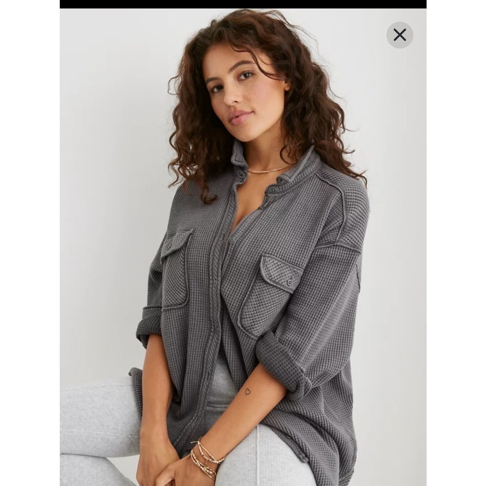 Aerie Charcoal Lumberjane Waffle Knit Button Down Shirt Oversized Shacket XXS